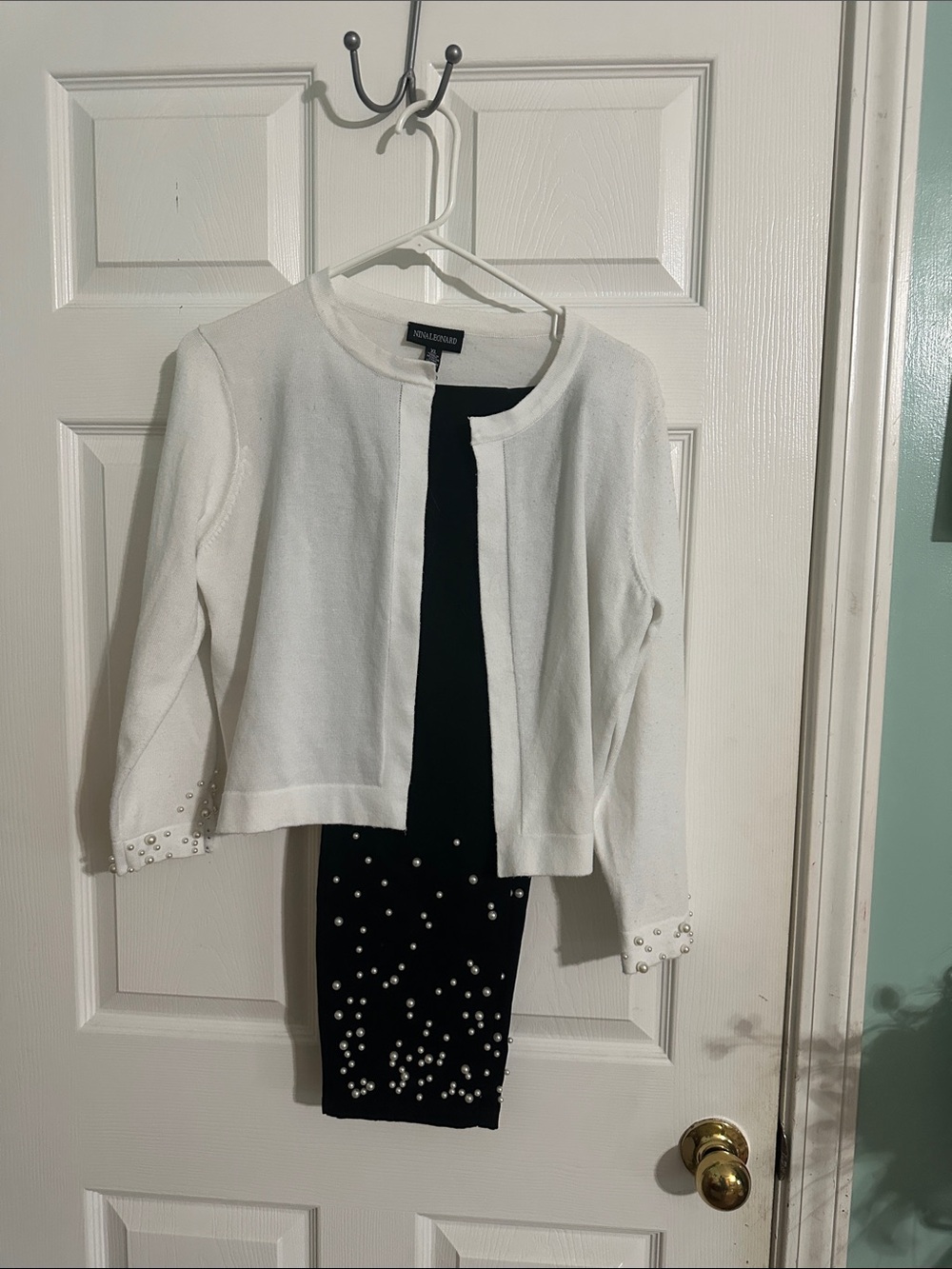 Nina Leonard White Cropped Cardigan with Black Pearl-Embellished Pants